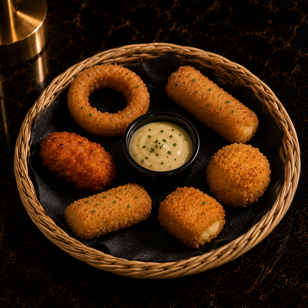 Mix tapas 6 pièces : onion rings, mozzarella sticks, chilli nuggets, camembert bites