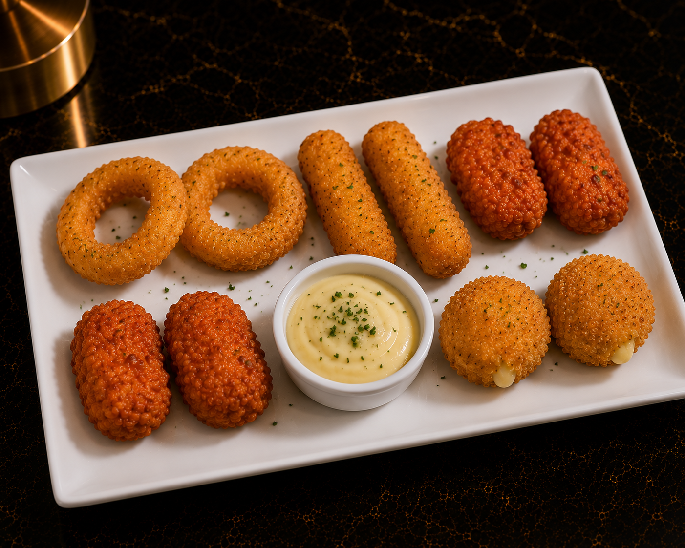 Mix tapas 12 pièces : onion rings, mozzarella sticks, chilli nuggets, camembert bites